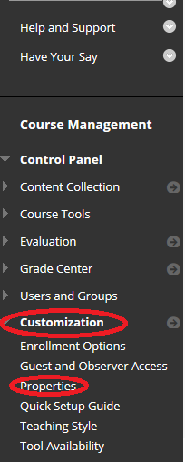 Image highlights the positions of Customisation and Properties in the left hand menu of a learn page