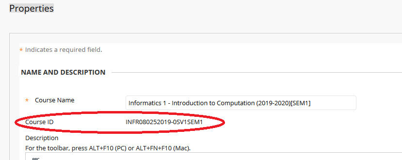 Image highlights the position of the full course code on the properties page